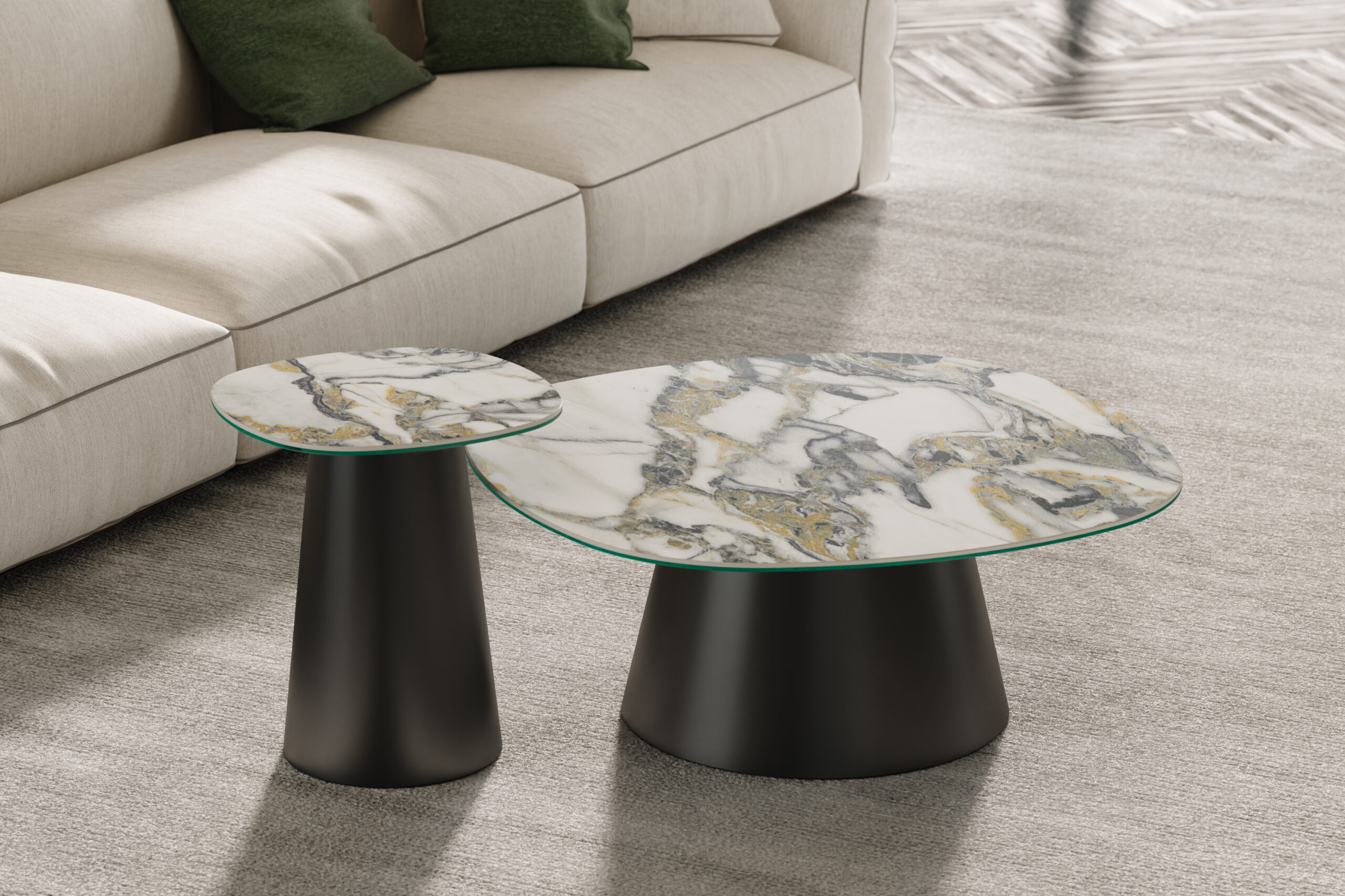 Stolik kawowy Leone – o subtelnym organicznym kształcie blatu (organiczna beczka) z miękko zaokrąglonymi liniami. Marmurowy design. Stożkowa podstawa