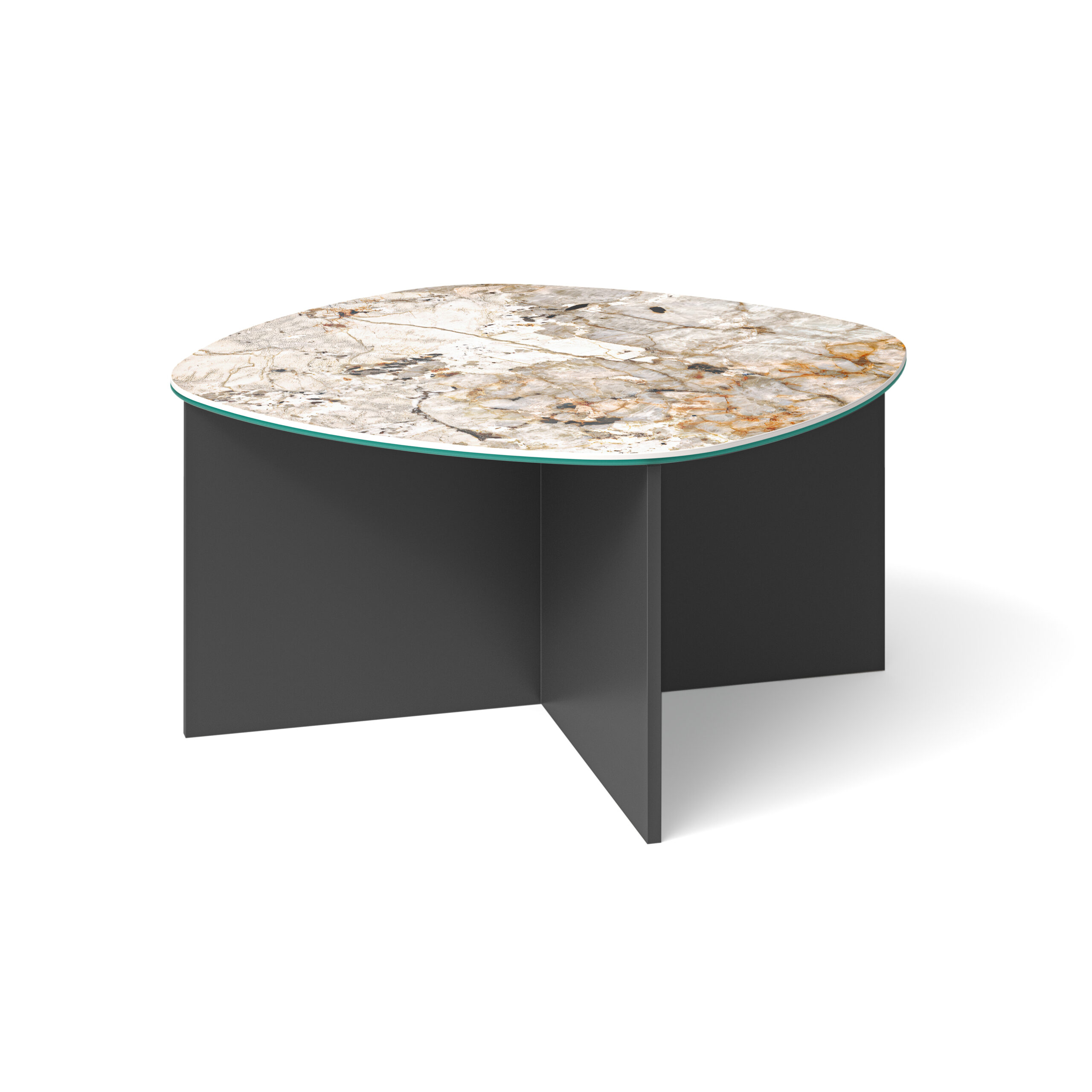 Stolik kawowy Romeo, zaokrąglony kwadratowy blat ze spieku kwarcowego oraz metalową ramą