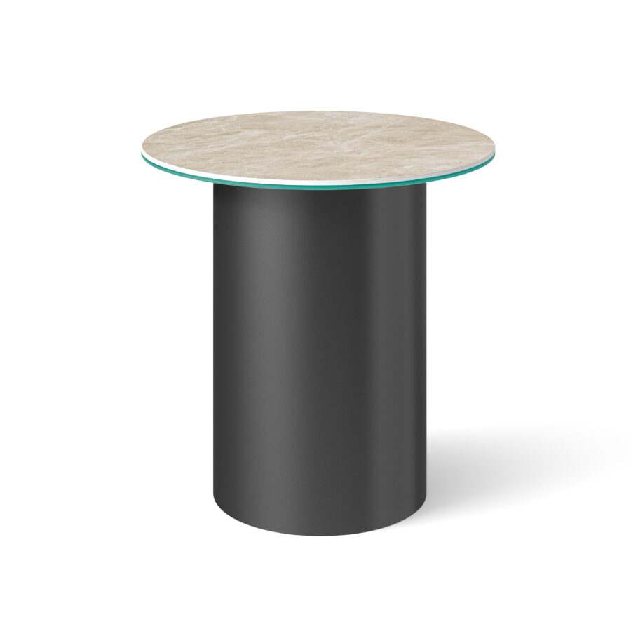 Stolik pomocniczy Carrara z blatem Diamond Cream i czarną cylindryczną metalową podstawą, , nowoczesny design. rzut z góry
