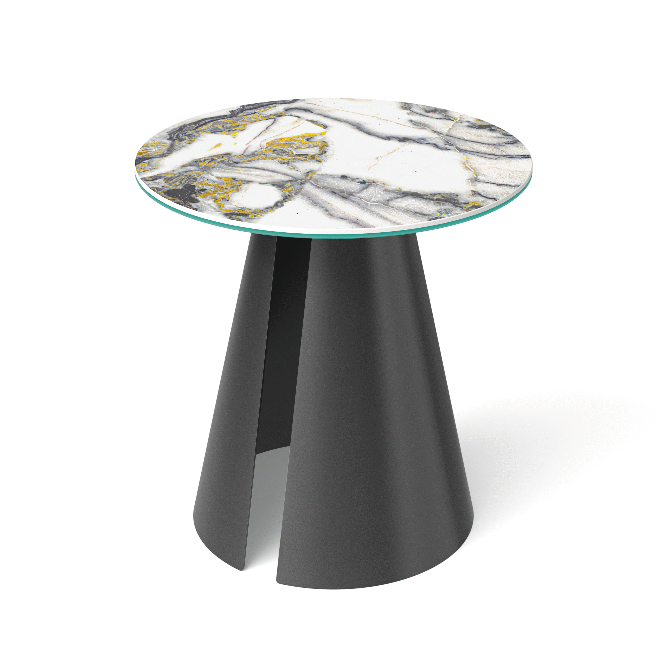 Stolik pomocniczy BRA, okrągły, z włoskiego spieku. Metalowa podstawa w kształcie stożka