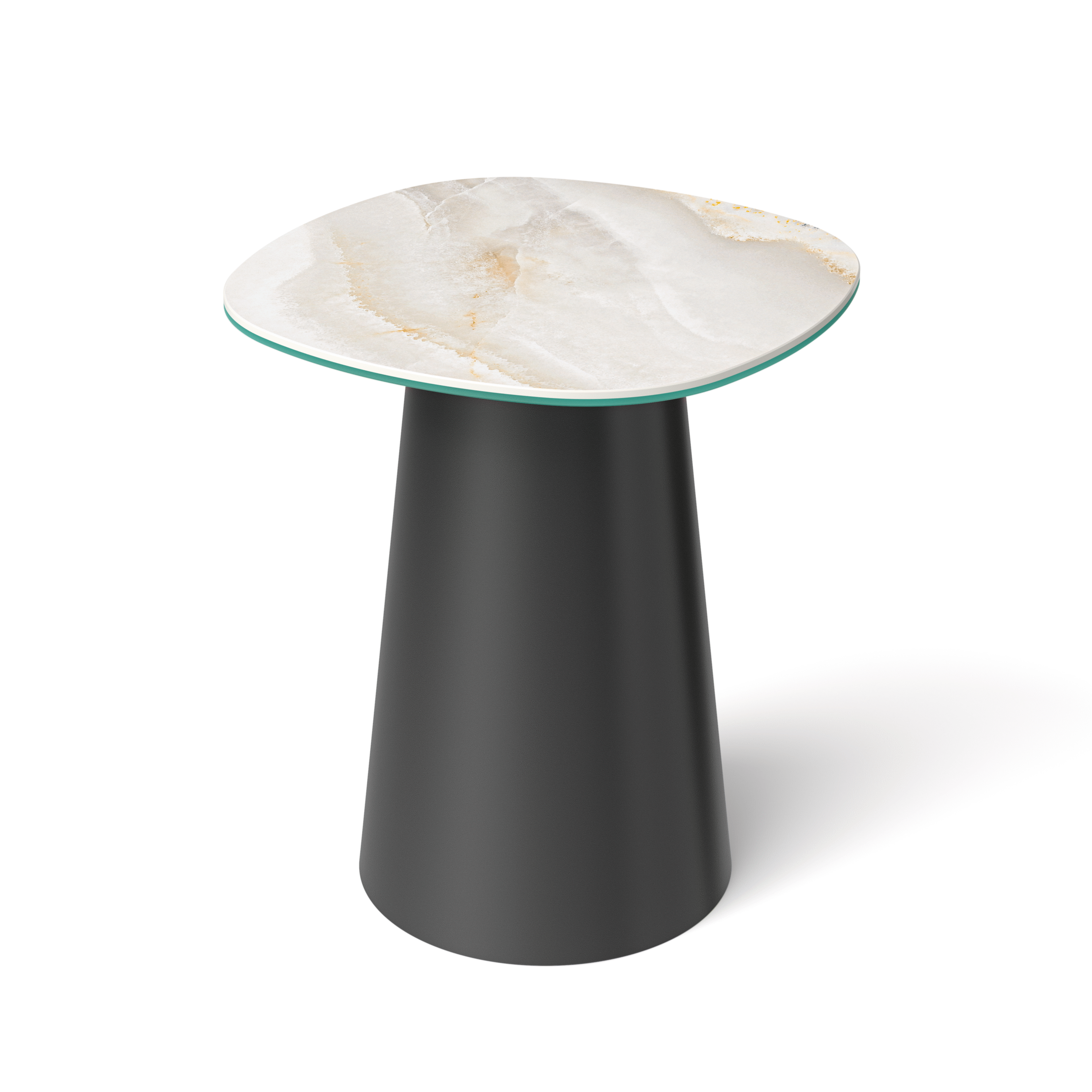 Stolik pomocniczy kwadratowy Leone – Blat ze spieku Laminam. Metalowa podstawa w kształcie stożka