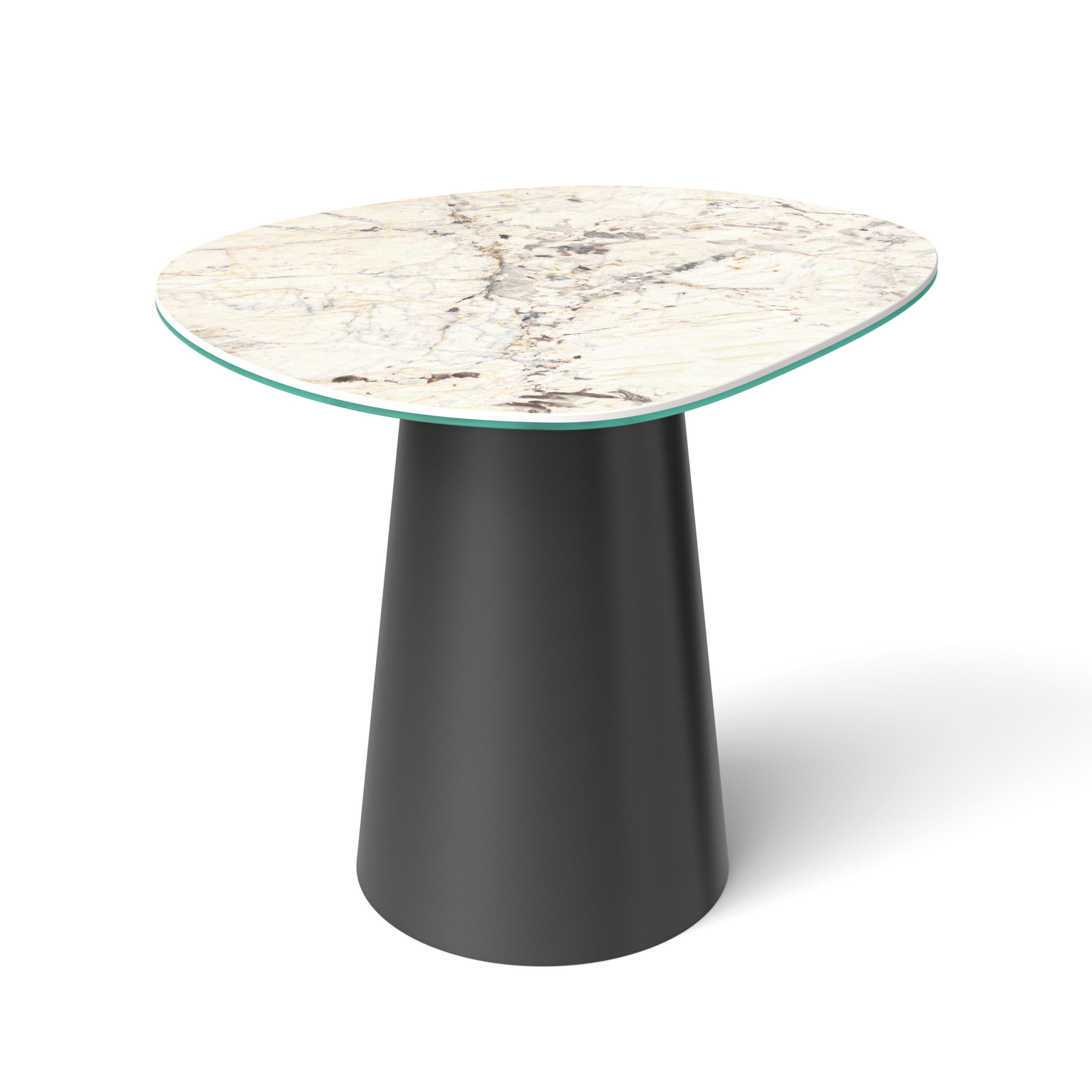 Stolik pomocniczy MADRE, organiczny kształt blatu – Blat ze spieku. Metalowa podstawa w kształcie stożka