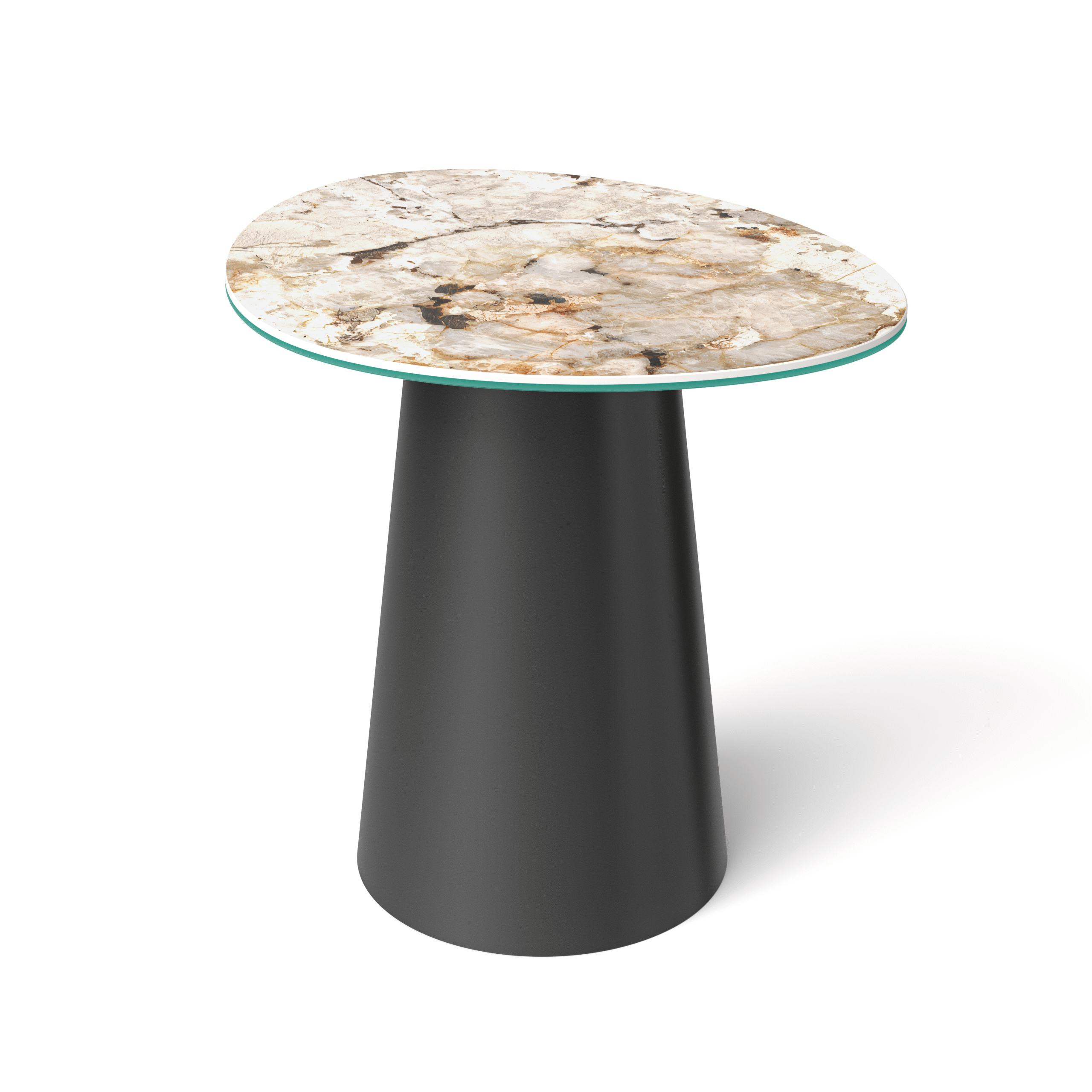 Stolik pomocniczy MORENA, organiczny, wydłużony kształt blatu – Blat ze spieku. Metalowa podstawa w kształcie stożka