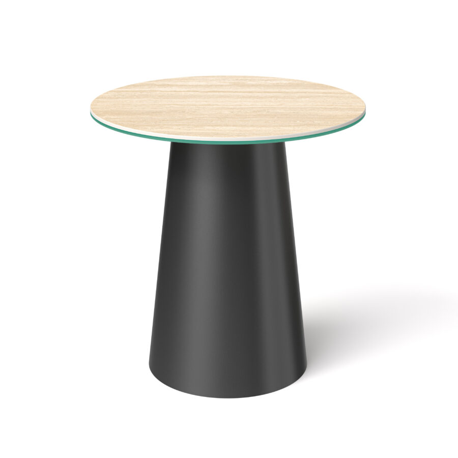 Nowoczesny okrągły stolik kawowy z jasno beżowym blatem z trawertynu ze spieku kwarcowego i czarną metolową , stożkową podstawą